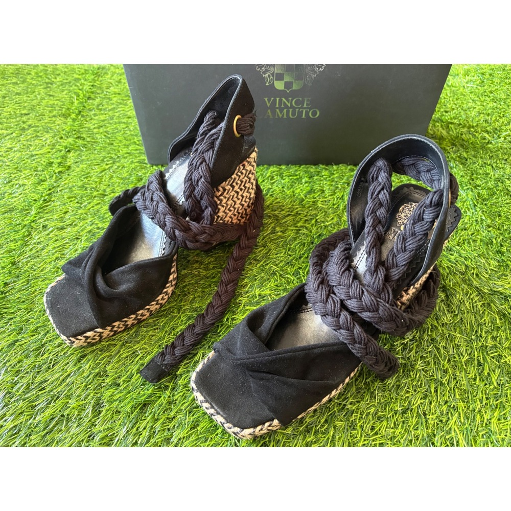 Vince Camuto Paddge Black Suede Rope Wrap Espadrille Block Heel Sandals 6M